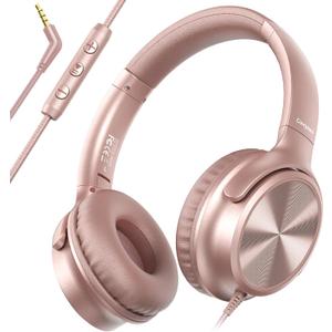 Over Ear Headphones Wired, Foldable 3.5mm Wired Headphones with Microphone, Volume Control, HD Stereo Sound, Lightweight Headphones for Adult/Teens/Chromebooks/Laptop/Computer/Tablets, Rose