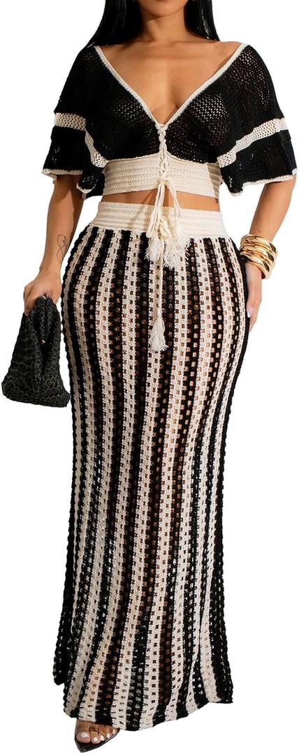 Angsuttc Skirt Sets Women 2 Piece Outfits Crochet Crop Tops and Striped Maxi Skirt Vacation Outfit (Medium, Black)