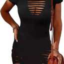 FECAFO Cut Out Hollow Out Ruched Slit Bodycon Dress for Women Sexy Side Slit Drawstring Club Party Short Sleeve Midi Dresses (Small, Black1)