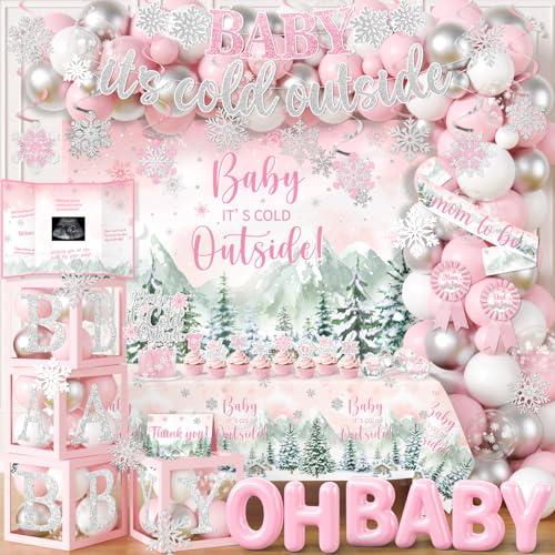 Baby It’s Cold Outside Baby Shower Decorations, Pink Winter Baby Shower Decorations for Girl Winter Woodland Tablecloth Banner Backdrop Balloon Box Cupcake Topper Hanging Swirl for Girl Gender Reveal