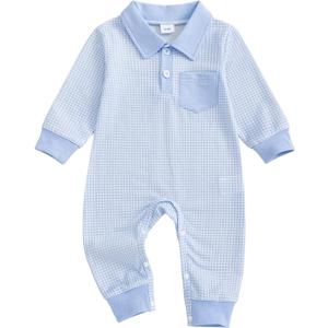 Newborn Baby Boy Winter Clothes Long Sleeve Lapel Jumpsuit Collar Plaid Romper Playsuit Infant Baby Boy Fall Outfit (Blue, 0-3M)