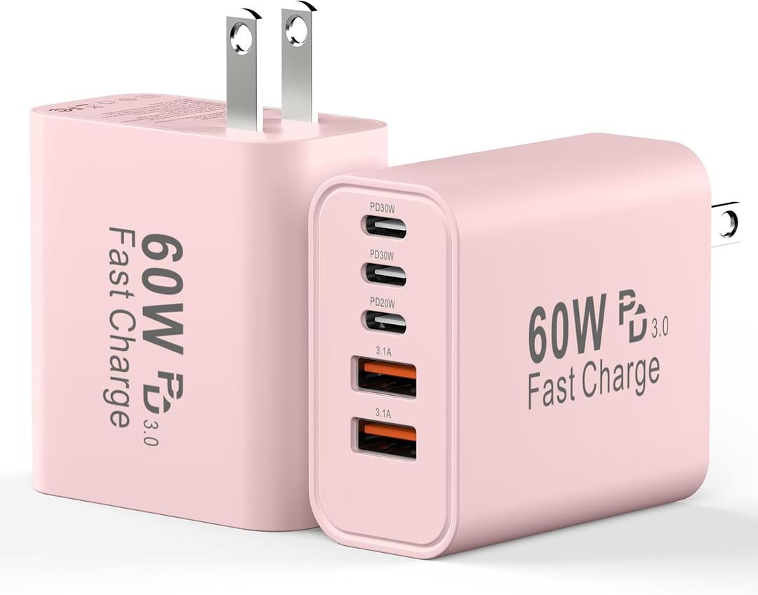 USB C Charging Blocks, 60W USBC Wall Fast Charger Block, Type C Phone USB C Charger Fast Charging Brick, 5-Port Multiport Charger Plug Power Adapter for Phone 17/16/15/14/13 Pro Max, Pad, S25-Pink