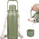 Insulated Water Bottle with Handle and Strap,Vacuum Travel Tumbler with Cup Lid,Thermo Coffee Cup for Hot Cold Drinks 50 OZ,Army Green