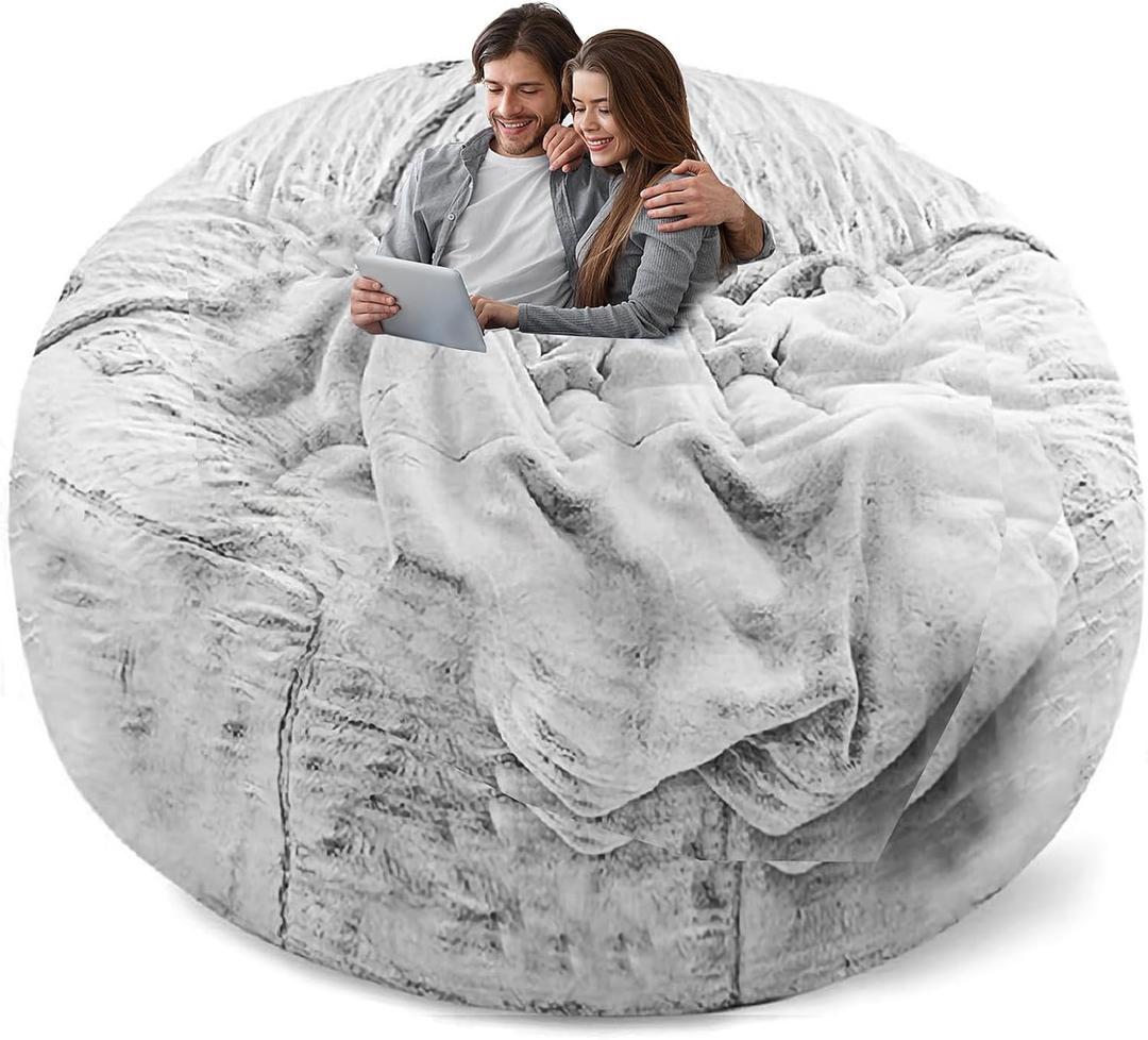 (No Filler Bean Bag Chair Cover Without Filler, Big Round Soft Fluffy PV Velvet Washable Bean Bag Lazy Sofa Bed Cover for Adults, Living Room Bedroom Furniture Outside, 5ft Snow Grey