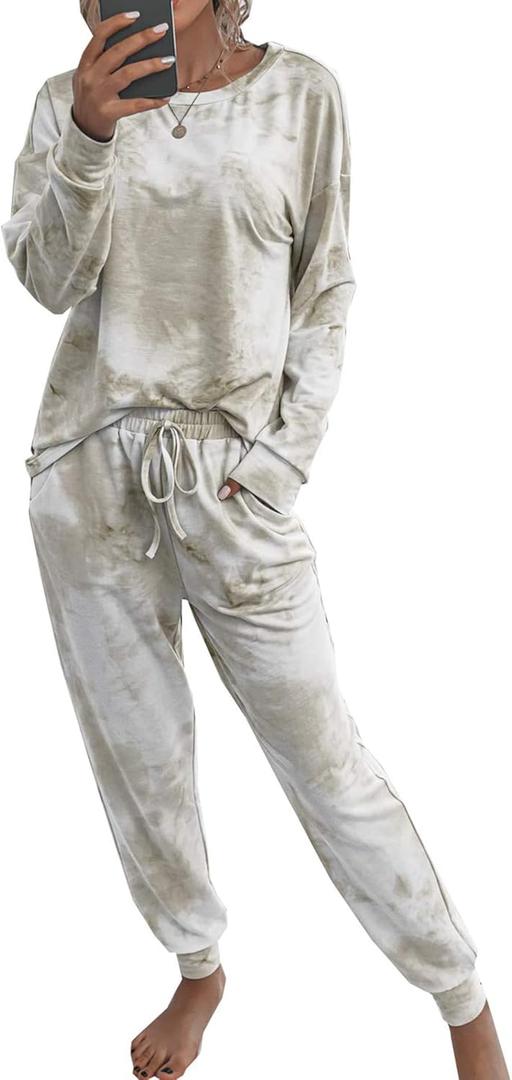 PRETTYGARDEN Women's Two Piece Loungewear Fall Casual Long Sleeve Tops Jogger Pants Pajama Sets Matching Outfits Clothing (Large, Khaki)