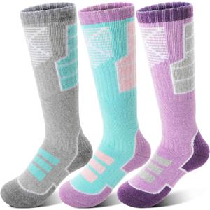 Anlisim Kids Merino Wool Ski Socks 3 Pairs Girls Boys Thermal Winter Warm Thick Breathable Socks for Skiing Snowboarding (8-12 Years, Purple/Green/Grey)