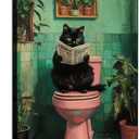 Funny Black Cat Bathroom Wall Art Decor, Funny Black Cat Reading Newspaper On The Toilet Canvas Artwork Print, Tropical Cat Canvas Wall Art for Bathroom Toilet Restroom Washroom Wall Decor 16x24''
