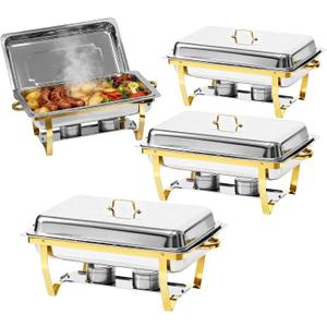 9Qt Chafing Dishes for Buffet, Gold Stainless Steel Chafing Dish Sets, Food Warmers for Parties, Buffet Servers and Warmers, Warming Trays for Buffets Party, Catering Supplies Buffet Display, 4 Pack