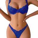 Lilosy Sexy Floral Lace Scallop Underwire Push Up Sheer Lingerie Set Outfits (X-Small, Royal Blue)