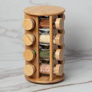 Kitchen Affections Revolving Round Bamboo Spice Rack Organizer Countertop, Spinning Herb Spice Storage Rack with 16 Jars