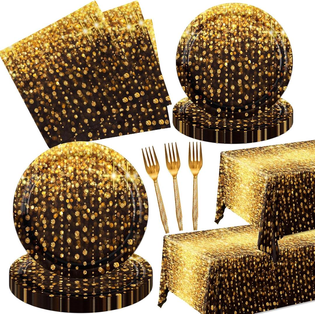 82pcs Black and Gold Glitter Tableware Set,Spots Bokeh Black Gold Birthday Plates and Napkins Tablecloth Forks for 20 Guest Men Women Anniversary Birthday Wedding Party Supplies