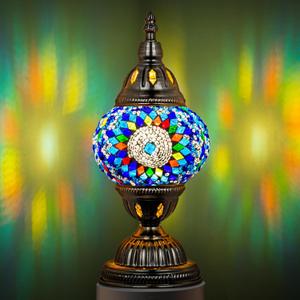 Marrakech Turkish Table Lamp with Bronze BaseHandmade Blue Moroccan Tiffany Style Mosaic Glass Night Stand Light Fixture Including LED Bulb for Living Room Bedroom Decor (Blue)