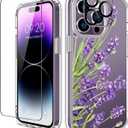GiiKa for iPhone 14 Pro Max Case with Screen Protector, 6.7" Clear Full Body Shockproof Protective Floral Girls Women Hard Case with TPU Bumper Cover Phone Case for iPhone 14 Pro Max, Purple Flowers