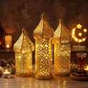Set of 3 Ramadan Lanterns Eid Decorations 14" 13" 11" LED Large Candle Gold Lantern Metal Moroccan Lanterns with Lights Ramadan Decor for Table, Wall, Patio, Porch, Indoor Outdoor