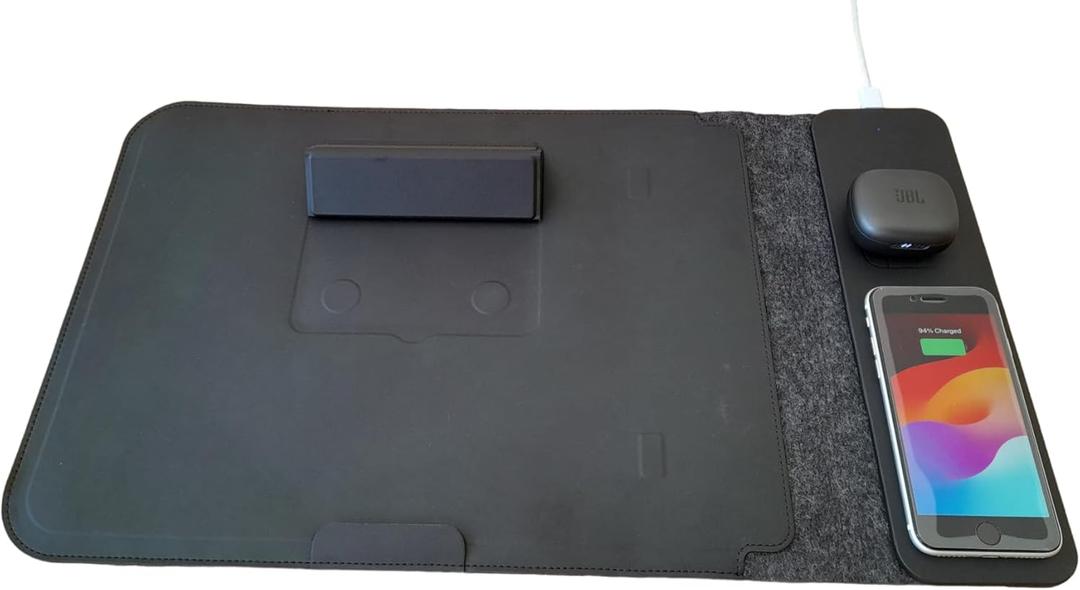 EnzZone 4 in 1 Wireless Charging Laptop Sleeve 15"-16" Charge 2 Devices at Once, Multipurpose Sleeve Plus Mousepad Waterproof Surface, USB-C Port, Front Pocket Sleeve