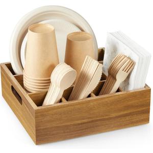 Acacia Wood Utensil Holder for Party, 6-Compartment Paper Plate and Silverware Organizer with Handles, Rustic Utensil Caddy for Parties, Outdoor Gatherings, and Kitchen Countertop Organization