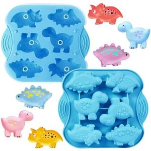 2-Pack Silicone Dinosaur Molds with Lids, Multi-Purpose Jello Molds for Kids, Dinosaur Silicone Mold for Chocolate, Baking & Crafting Tool for Cake, Candy, Jello, Ice Cubes - Blue
