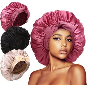 3Pcs Bonnets for Sleeping, Extra Satin Silk Bonnet for Sleeping Women with Tie Band for Curly Hair Jumbo Bonnet Braids (A-01-rose pink, black, champagne)