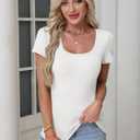 Women's Short Sleeve Tops Casual Scoop Neck Ribbed Knit Slim Fitted Basic Tee Shirts 2025 Summer Trendy Outfits (White, M)