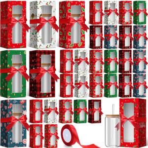 Windyun 36 Pcs Christmas Tumbler Gift Box with Ribbon for Sublimation Glass Transparent Tumbler Gift Boxes for 12oz 16oz 20oz Glass Cup Packaging for Jars Mug Can Xmas Party Supplies (Classic Style)