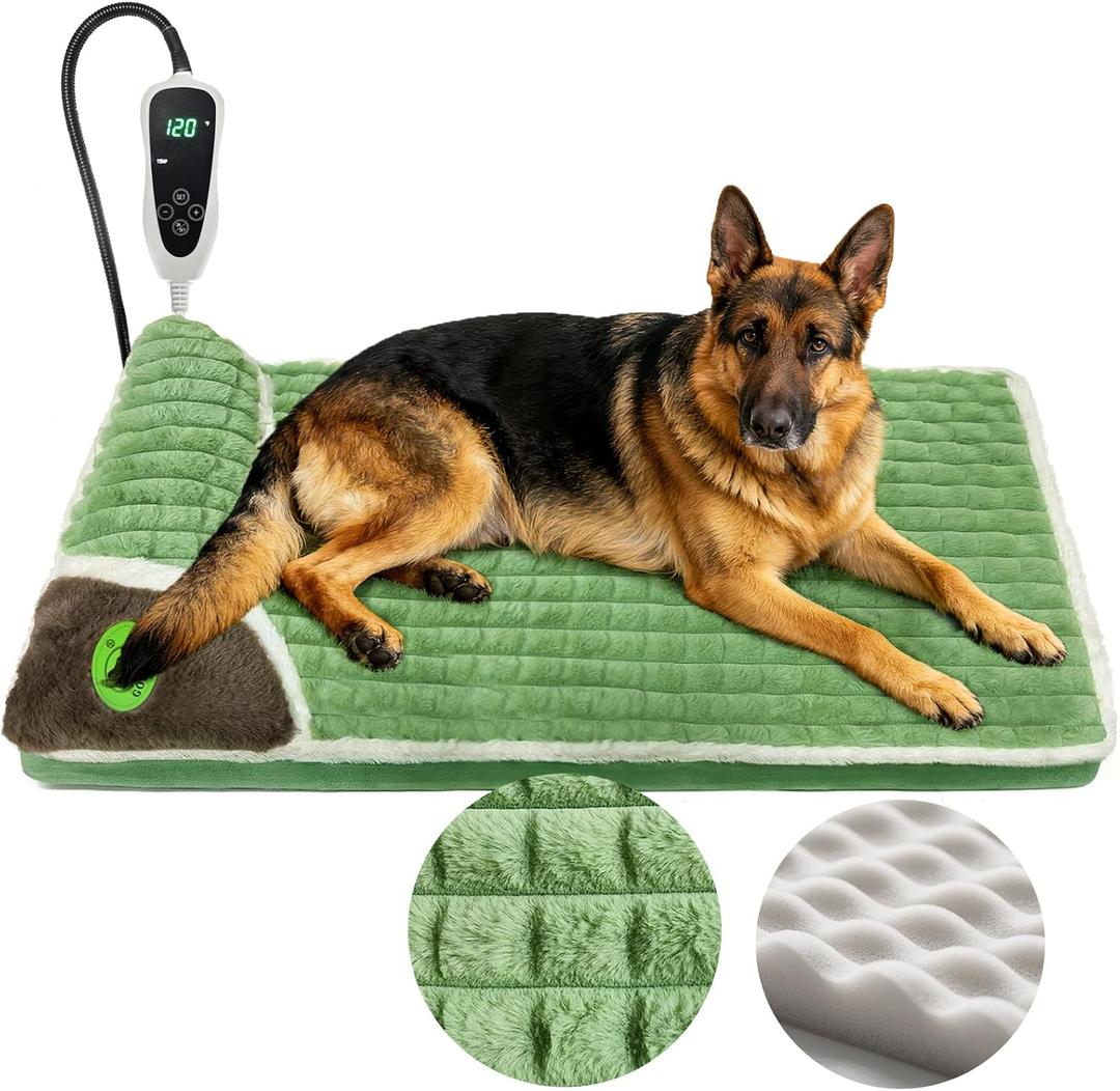 Large Heated Dog Bed 40x27x2 in,Equipped with MET/UL Dual Certified Heating Pad and Intelligent Controller,Thickened Memory Sponge+100% Plush Heated Pet Bed,Indoor Puppy Bed with Side Pillows (Green)