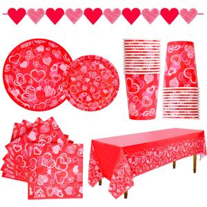 Gatherfun Valentine's Day Party Supplies Hot Heart Love Disposable Paper Plates Napkins Cups plastic Tablecloth with Banner for Valentine's Day, Engagements, Anniversary, Birthday Party Serve 25