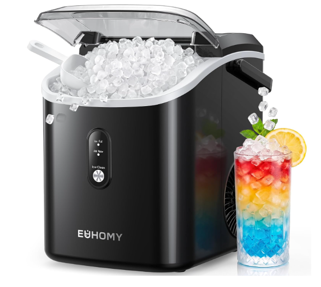 EUHOMY Nugget Ice Maker Countertop with Handle, Ready in 6 Mins, 34lbs Per Day, Removable Top Cover, Auto-Cleaning, Portable Sonic Ice Maker with Basket and Scoop, for Home/Party/RV/Camping (Black)