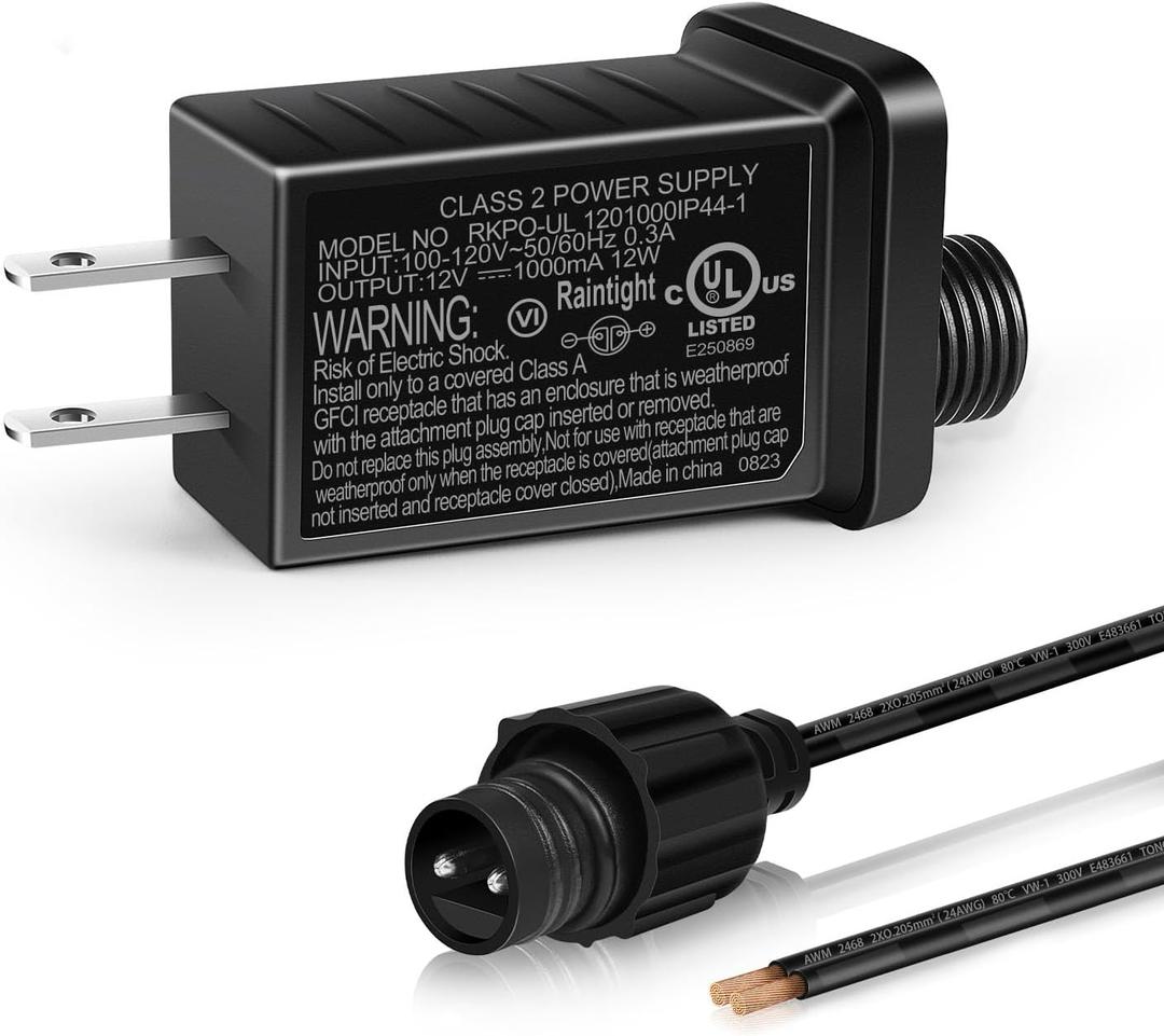 12V 12W 1A Class 2 Power Supply, AC to DC Low Voltage Transformer, IP44 Inflatable Power Adapter for LED Strip Lights, Christmas Decor Light, Indoor/Outdoor Use, UL Listed