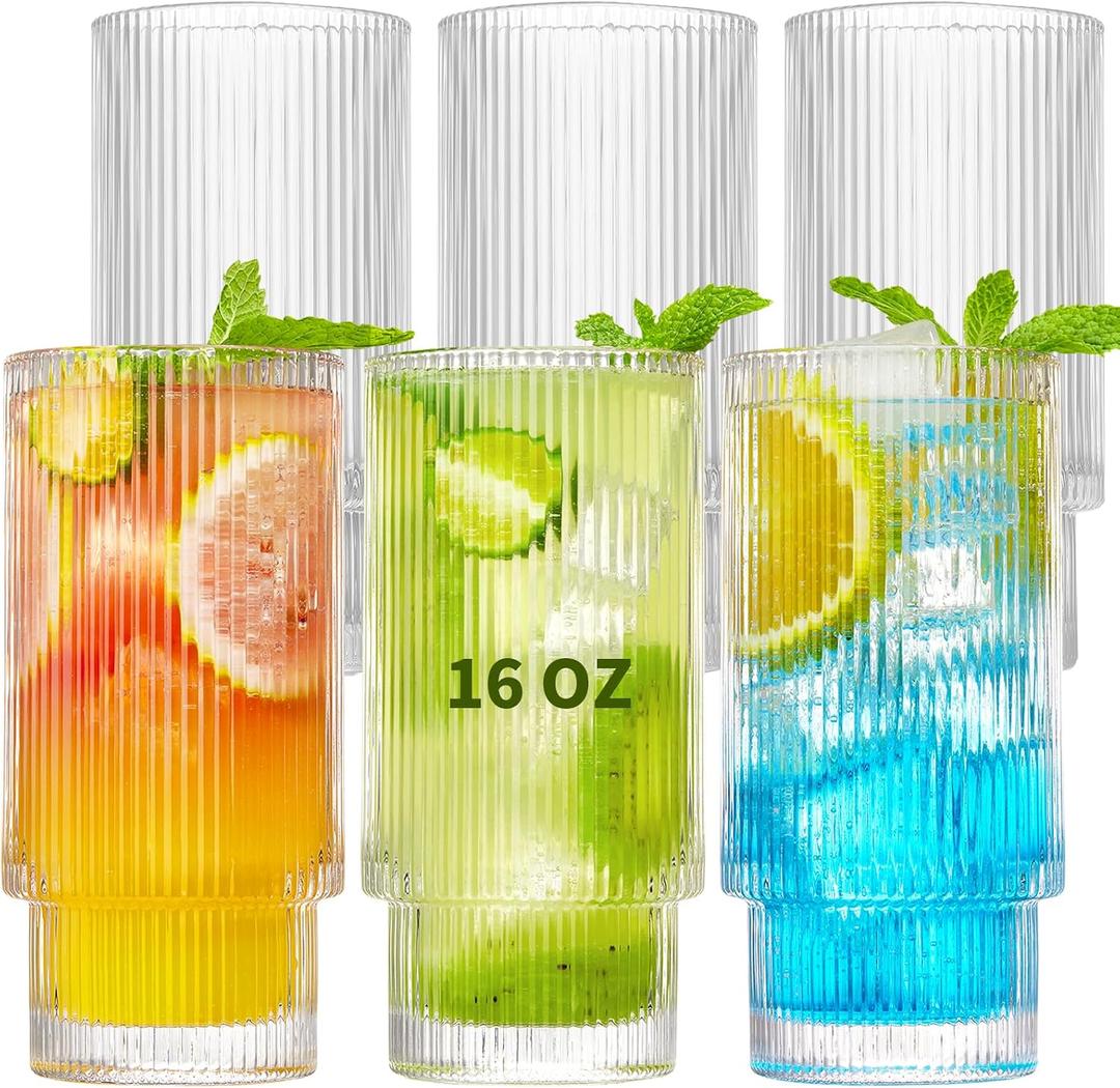 Qipecedm 6 Pack Ribbed Drinking Glasses, 16 oz Vintage Glass Cups, Highball Glasses, Premium Iced Coffee Glasses, Clear Glass Tumbler, Cocktail Glasses, Elegant Glassware for Water Juice Whiskey Beer
