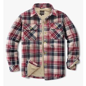 Men's Sherpa Lined Cotton Flannel Shirt Jacket Plaid Button Up Jacket Coat for Men with Pocket, M Red Line