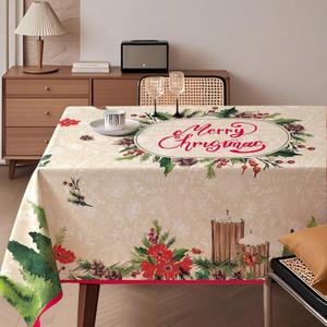 Christmas Waterproof Tablecloth  Beige Watercolor Christmas Tree, Red Flower & Pinecone Floral Design  Holiday Dining Table Cover for Xmas Party & Home Decor, W60 x L84 in