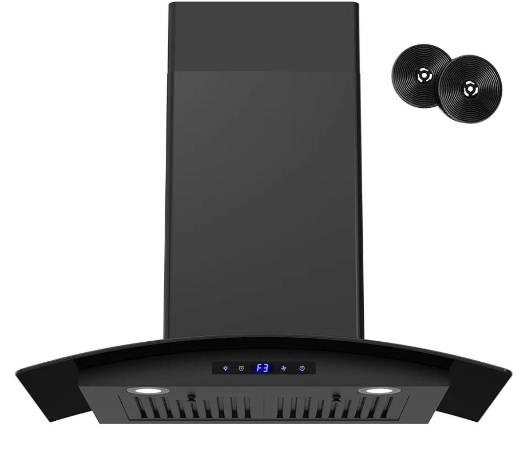 FIREGAS Range Hood 30 inch, 600 CFM Wall Mount Glass Kitchen Hood Ducted/Ductless Convertible with 3-Speed Fan, Screen Control, Time Setting, LED Lights, Black Painted Stainless Steel Vent Hood