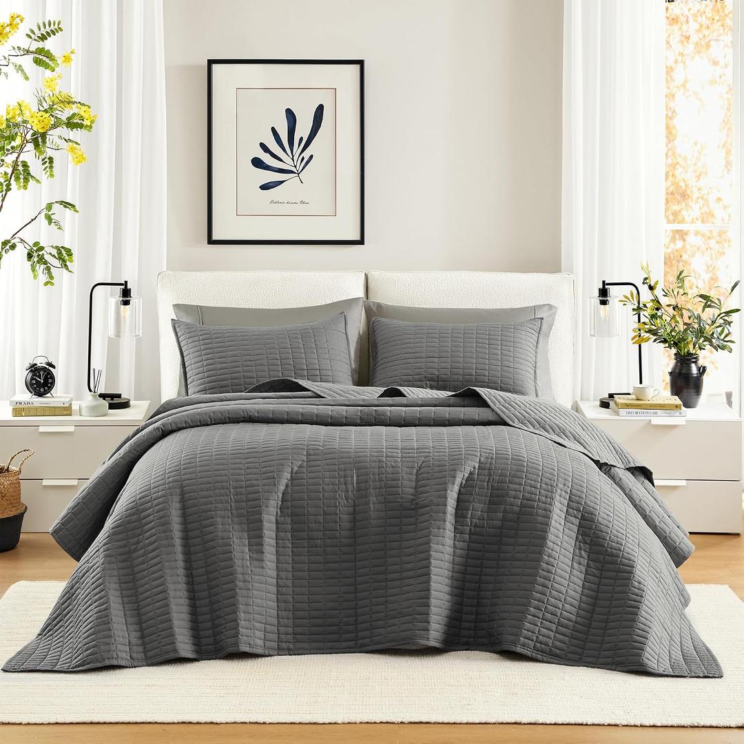 Comfort Spaces Charcoal Oversized King Quilt Set 120"x118" Bedspread Quilted Summer Lightweight Microfiber Bedding Coverlet with Double Sided Stitching Soft All Season Cozy 3 Piece with Matching Shams