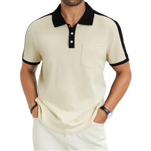 Men's Casual Polo Shirts Short Sleeve Classic Button Shirt Fashion Cotton Golf Tops with Pocket (Large, Beige)
