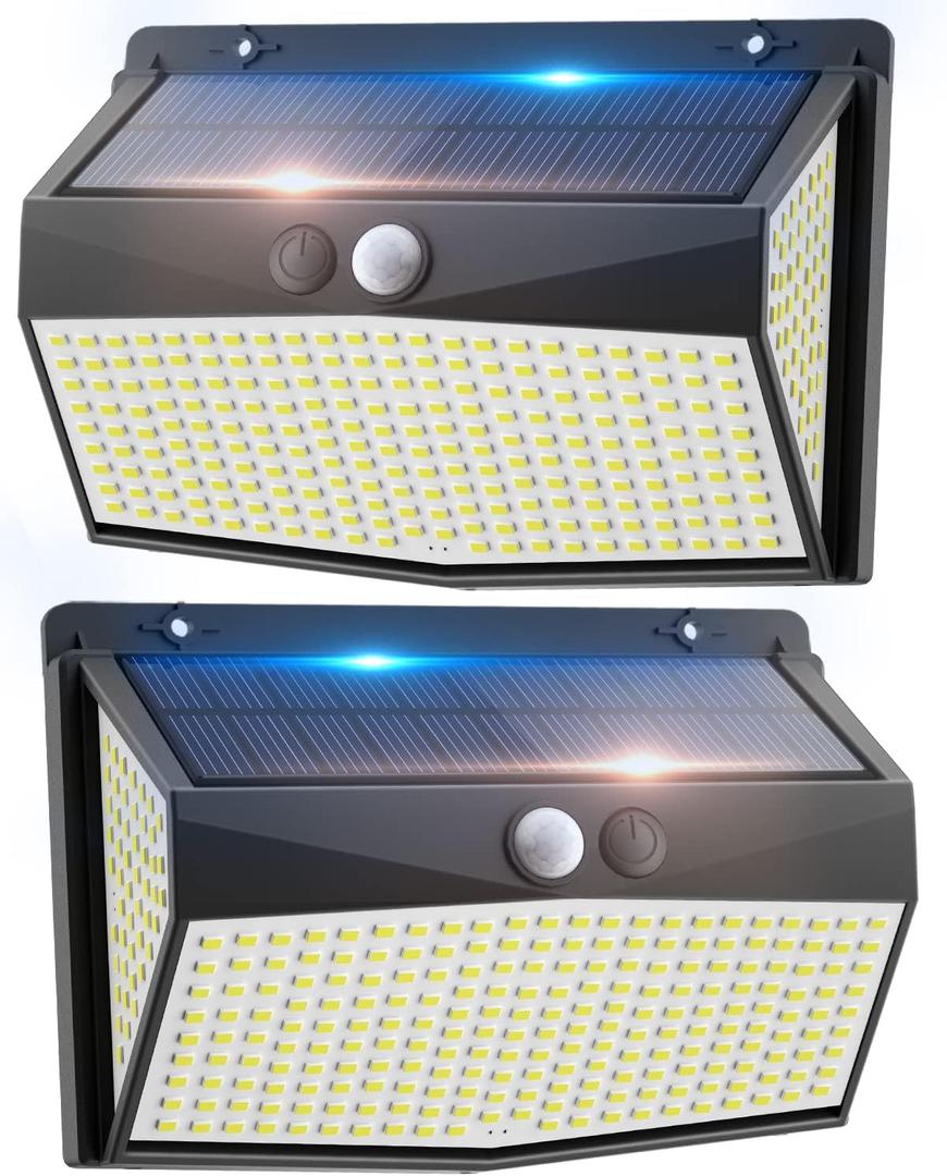 318 LEDs Motion Sensor Outdoor Lights 600LM 6500K Solar Powered Flood Lights Outdoor IP67 Waterproof with 3 Modes 270 Wide Angle Security Wall Lights for Outside Yard Garden- 2 Pack
