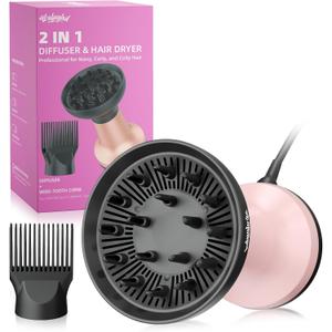 WUFAYHD 2-in-1 Diffuser Hair Dryer for Curly Hair: 1875W Ionic Hair Dryer w/Comb & Diffuser Attachment, Fast Drying, Reduces Frizz, Anti-Heat Handle Blow Dryer with ALCI Plug, Gift for Women Her