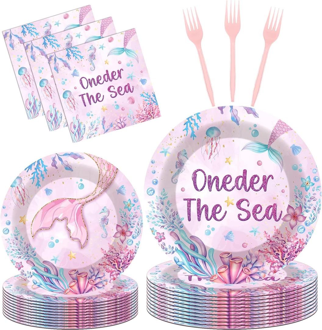 Oneder the Sea Decorations - 96 Pcs Under the Sea 1st Birthday Party Supplies, Pink Purple Ocean Animal Tableware Underwater World Disposable Paper Plate Napkin Fork for Girls Serves 24 Guests