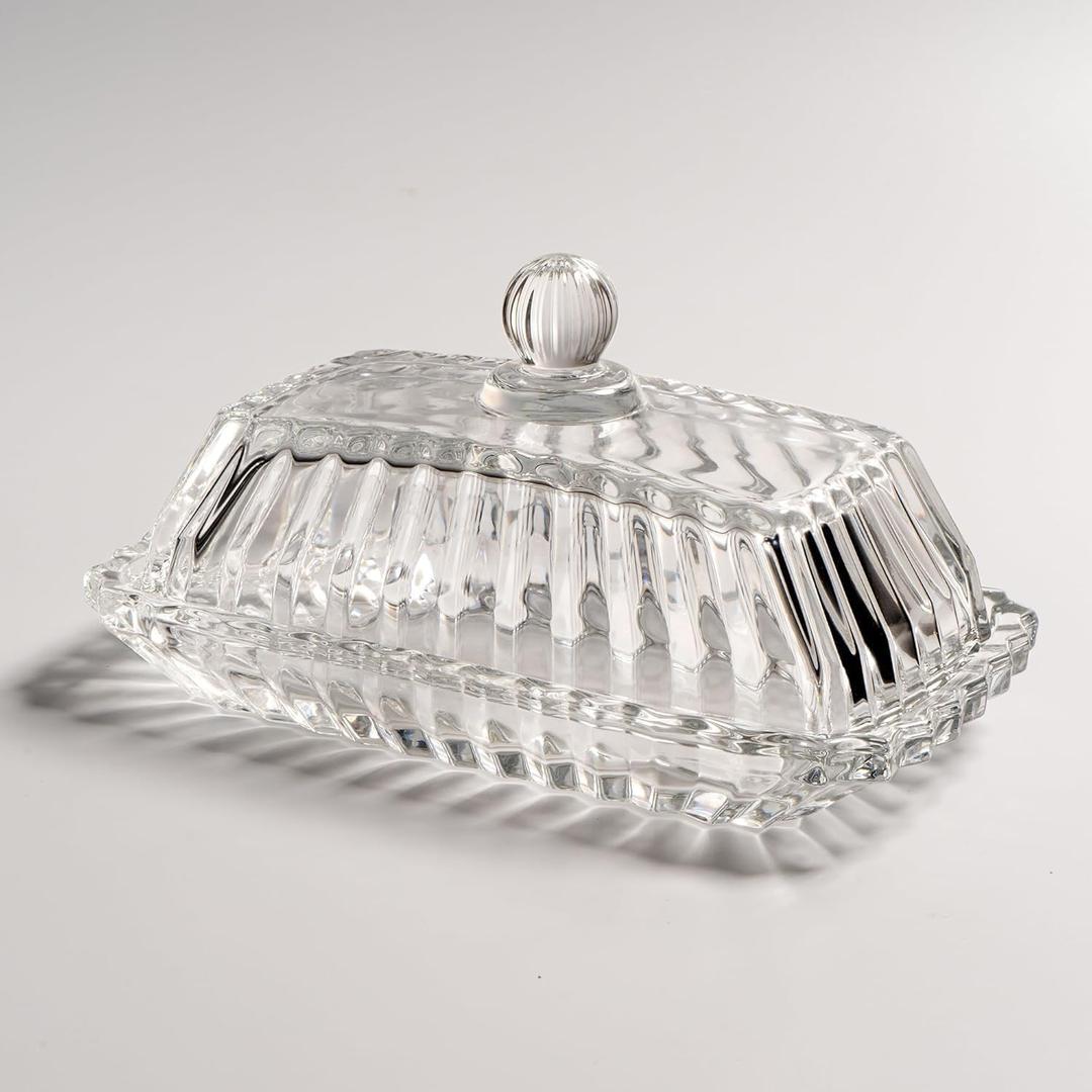 Clear Glass Butter Dish with Lid, Covered Butter Stick Holder Tray, Crystal Glass Butter Storage Container for Fridge Countertop