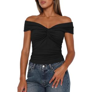 Darong Women Summer Twist Knot Front Off The Shoulder Tank Tops Cap Sleeve Going Out Shirts Slim Fitted Y2K Outfits (Large, Black)