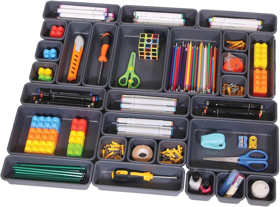 42 Pack Interlocking Desk Drawer Organizer Tray Dividers Plastic Shallow Narrow Drawers Organizers Separators Storage Bins Container for Kitchen Bathroom Makeup Office Vanity Dresser (Black)