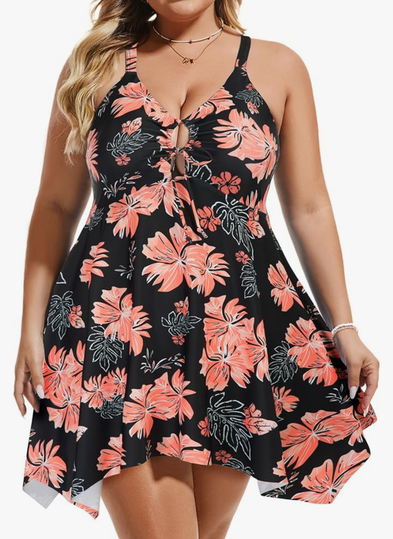 Hanna Nikole Women Plus Size One Piece Swimsuit Cut Out Adjustable Bathing Suit Tummy Control Swim Dress Swimwear with Shorts 16W