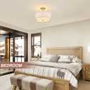16" Semi Flush Mount Ceiling Light, Gold 3 Light Double Drum Fabric Lampshade Lighting Fixture for Living Room, Bedroom, Dining Room, Kitchen, Hallway (Swivel Canopy for Sloped/Flat Ceiling)