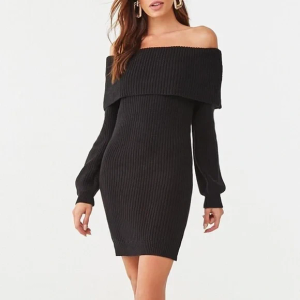 Forever 21 Womens Fold Over/Off The Shoulder Sweater Midi Dress, Black, Small