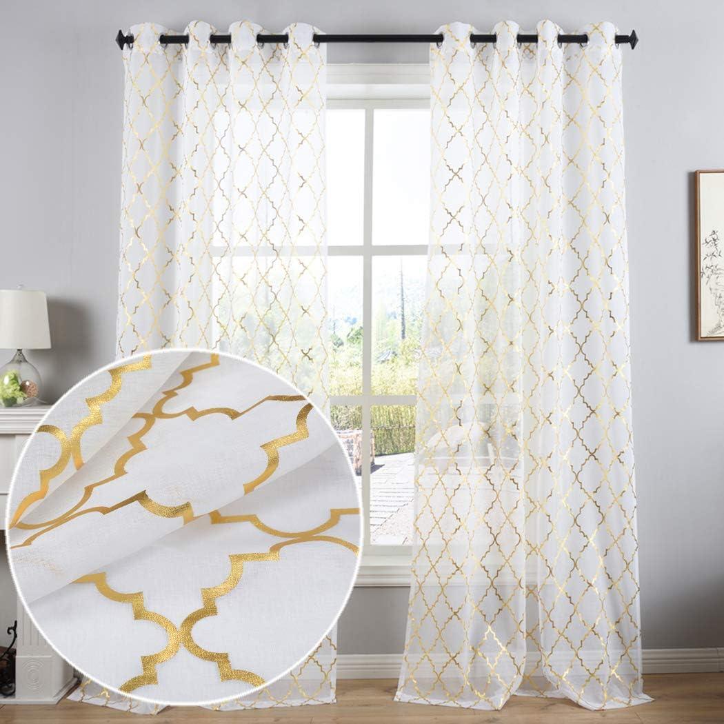 Kotile Gold White Sheer Curtains 84 Inches Long 2 Panels Metallic Gold Moroccan Sparkle Sheer Curtains for Living Room, Grommet Privacy Light Filtering Shimmer Window Sheer Curtains, W52 x L84 Inch