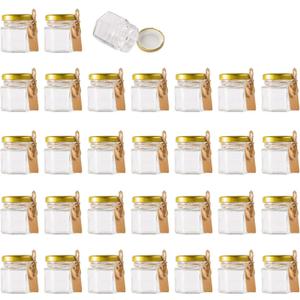 Encheng 1.5 oz Clear Hexagon Jars,Small Glass Honey Jars With Lids(golden),Mason Jars For Herbs,Foods,Jams, Liquid,Party Favor,Mini Spice Jars For Storage 30 Pack