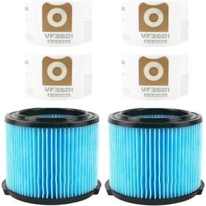 2 Pack VF3500 Filter Replacement compatible with Riged Shop Vac, 3-LAYER Wet/Dry Filter + 4 Pack VF3501 Vacuum Bags, compatible with Riged Shop Vac 3-4.5 Gallon WD4070