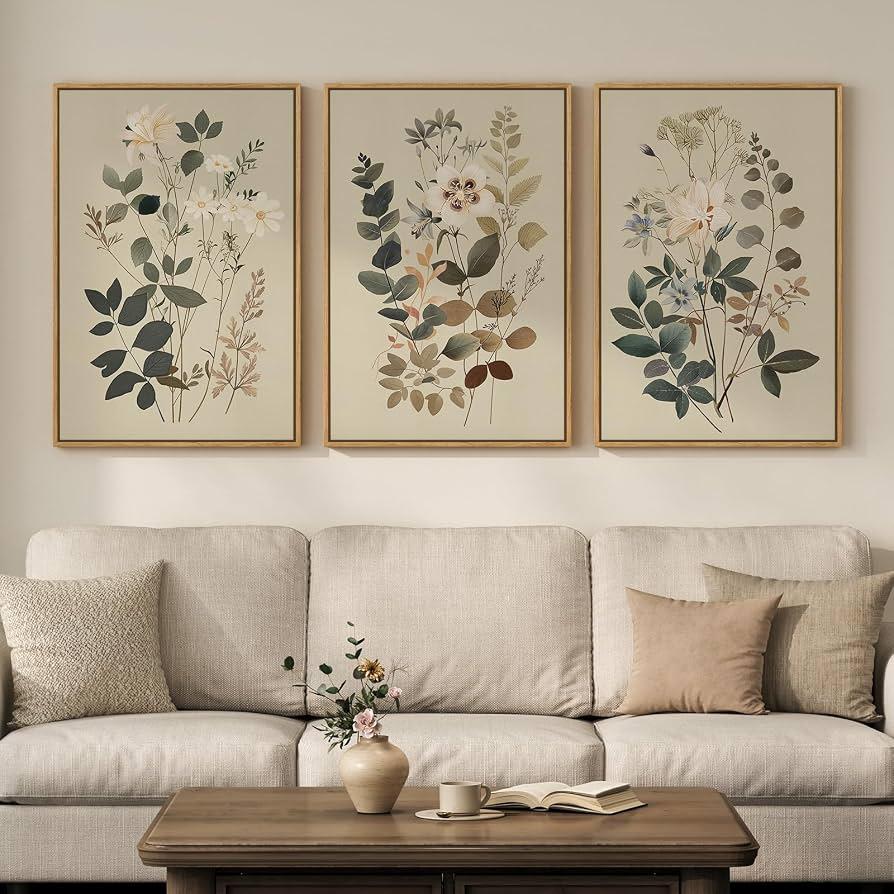Framed Neutral Floral Botanical Wall Art for Living Room, 3 Piece 20x30 In