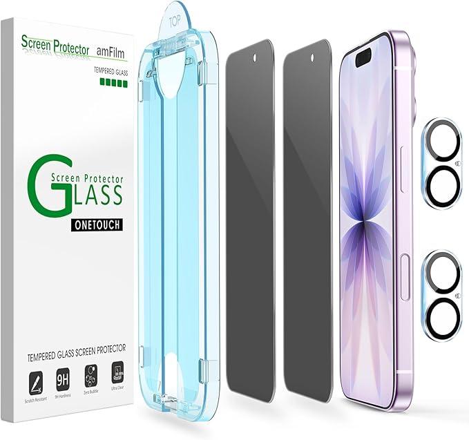 amFilm OneTouch Privacy Screen Protector for iPhone 17 6.3'' + Camera Lens Protector | AutoAlignment install | Bubble Free | 9H Tempered Glass | Shatterproof | Anti Privacy | Case Friendly 2+2 Pack