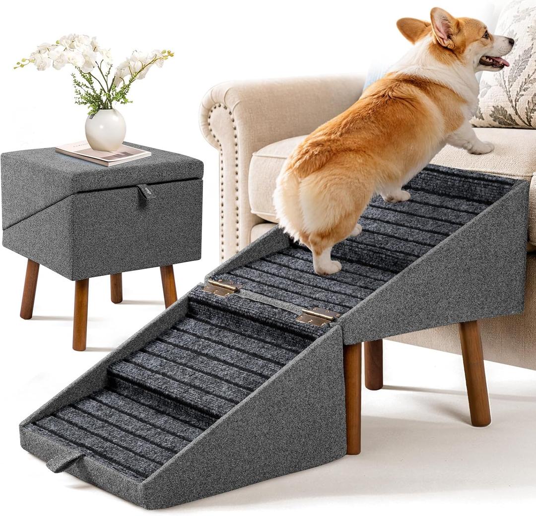 17" H Foldable Pet Steps for Sofa, Non-Slip Ramp Stairs(Charcoal)