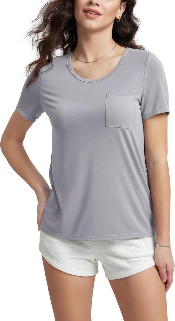 ODODOS Women's Short Sleeve T-Shirts with Pocket - Ultra Soft Relaxed Tee Casual Lounge Yoga Tops, Light Gray, Small